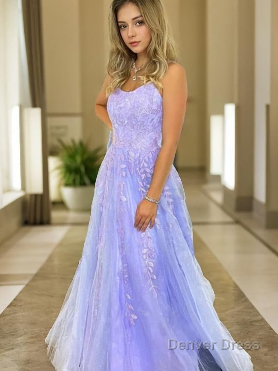 A Line Spaghetti Straps Sweep Train Tulle Prom Dresses With Appliques Lace Main image