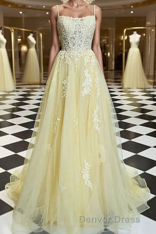 A Line Spaghetti Straps Sweep Train Tulle Prom Dresses With Appliques Lace