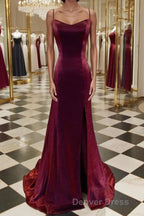 A Line Spaghetti Straps Sweep Train Velvet Prom Dresses With Leg Slit