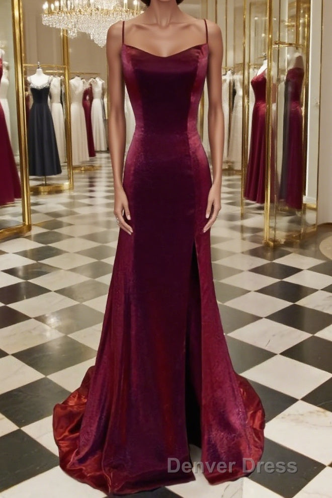 A Line Spaghetti Straps Sweep Train Velvet Prom Dresses With Leg Slit