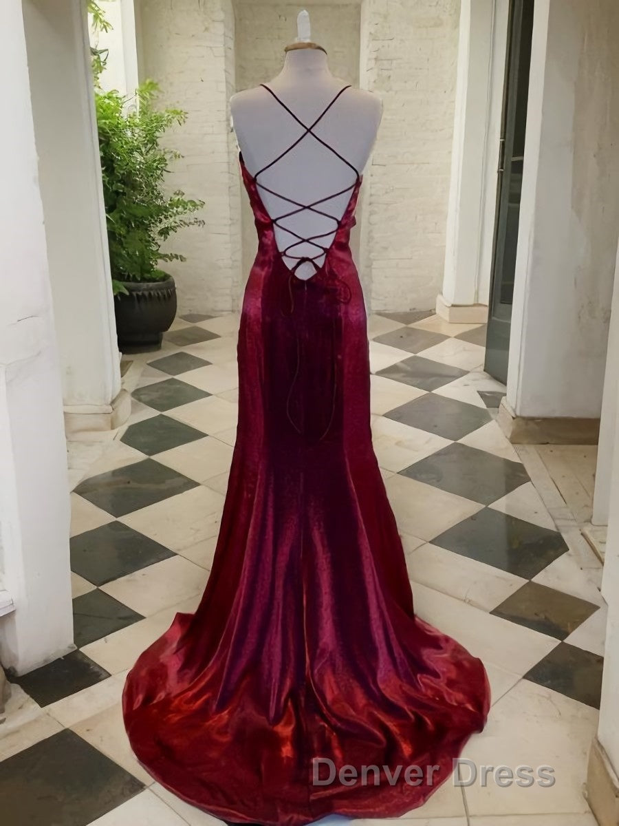 A Line Spaghetti Straps Sweep Train Velvet Prom Dresses With Leg Slit