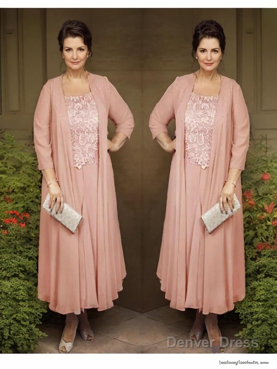 A Line Square Ankle Length Chiffon Mother of the Bride Dresses With Lace