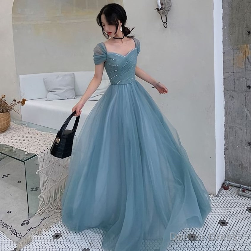A Line Princess Square Neckline Short Sleeve Floor Length Prom Dresses