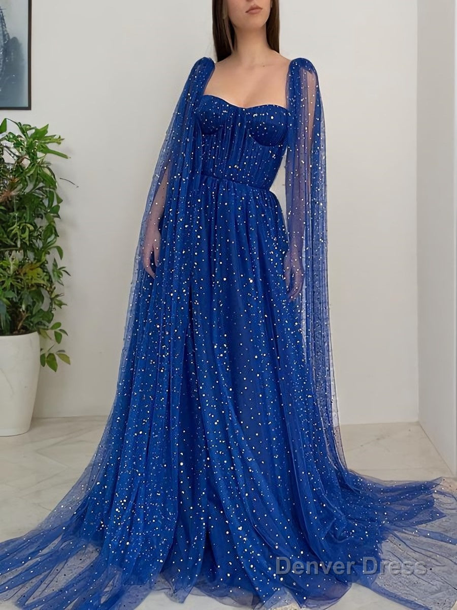 A Line Square Sweep Train Prom Dresses With Ruffles