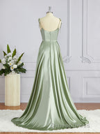 A-Line/Princess Square Sweep Train Silk like Satin Bridesmaid Dresses with Leg Slit