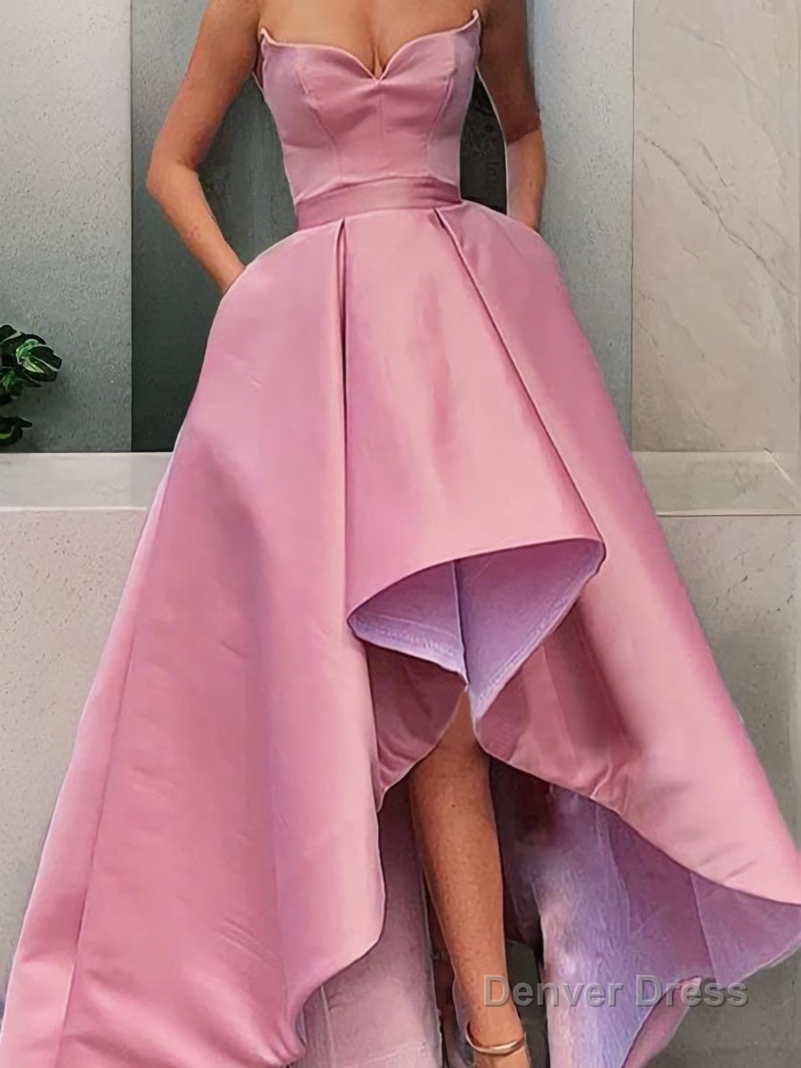 A Line Strapless Asymmetrical Satin Prom Dresses With Pockets