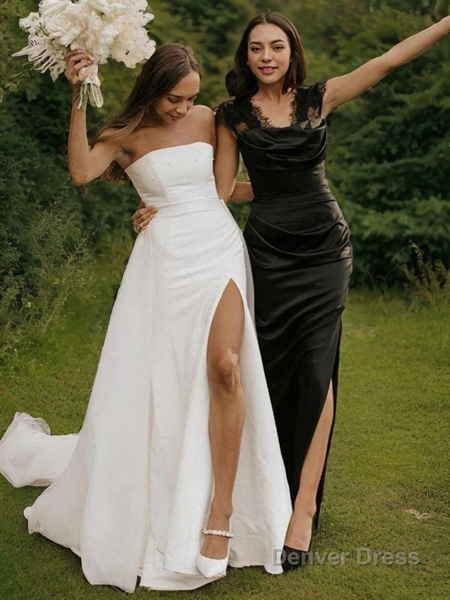 A Line Strapless Cathedral Train Stretch Crepe Wedding Dresses With Leg Slit