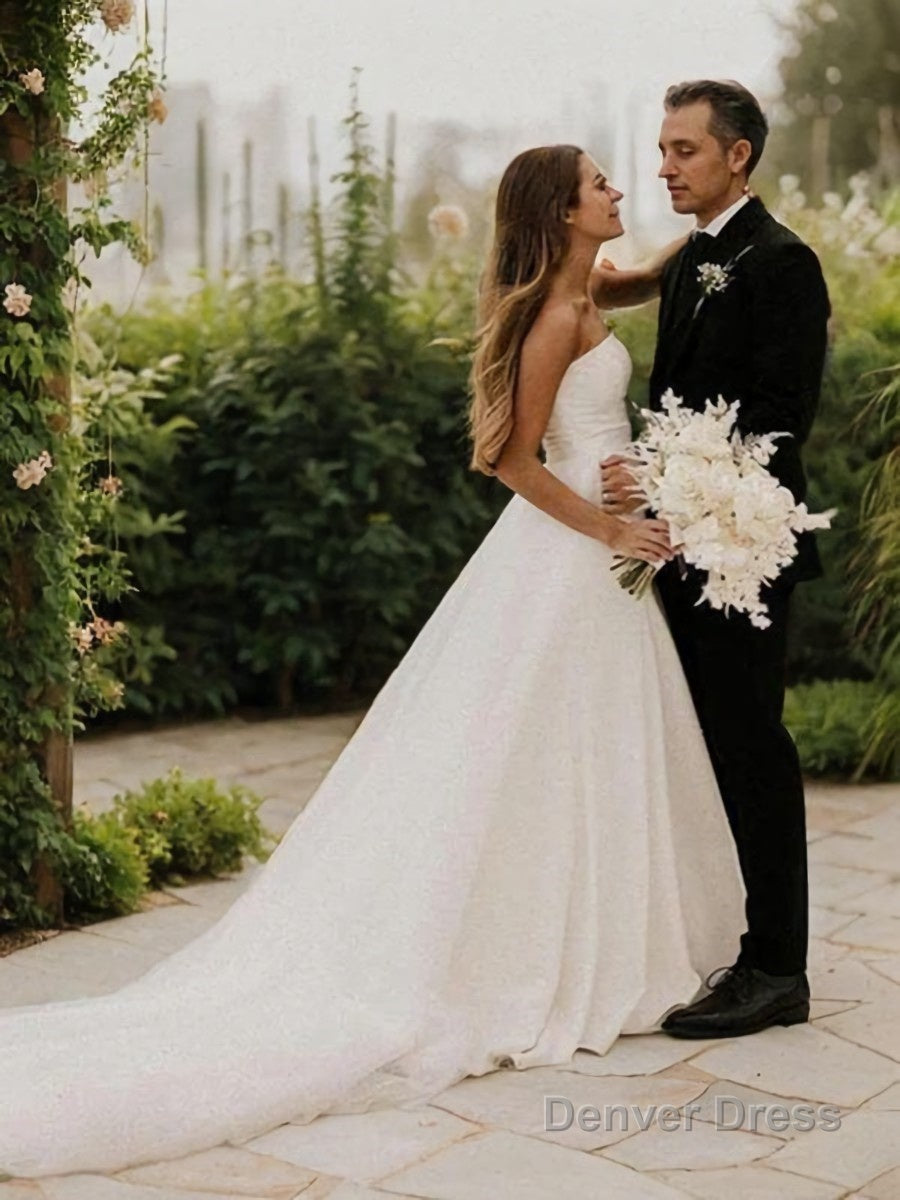 A Line Strapless Cathedral Train Stretch Crepe Wedding Dresses With Leg Slit