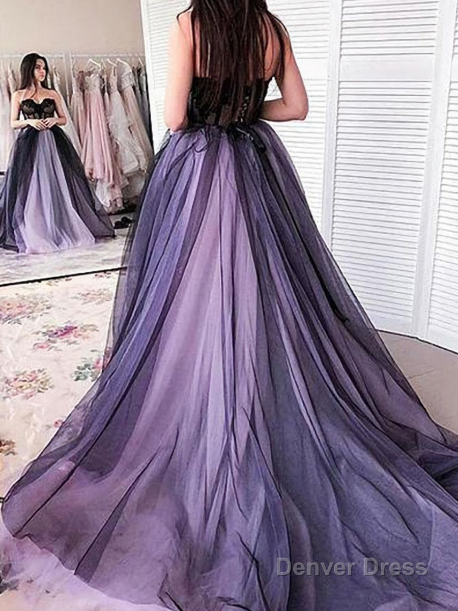 A Line Strapless Court Train Tulle Prom Dresses With Appliques Lace Secondary image