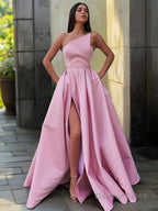 A Line Strapless Floor Length Satin Prom Dresses With Leg Slit