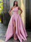 A Line Strapless Floor Length Satin Prom Dresses With Leg Slit