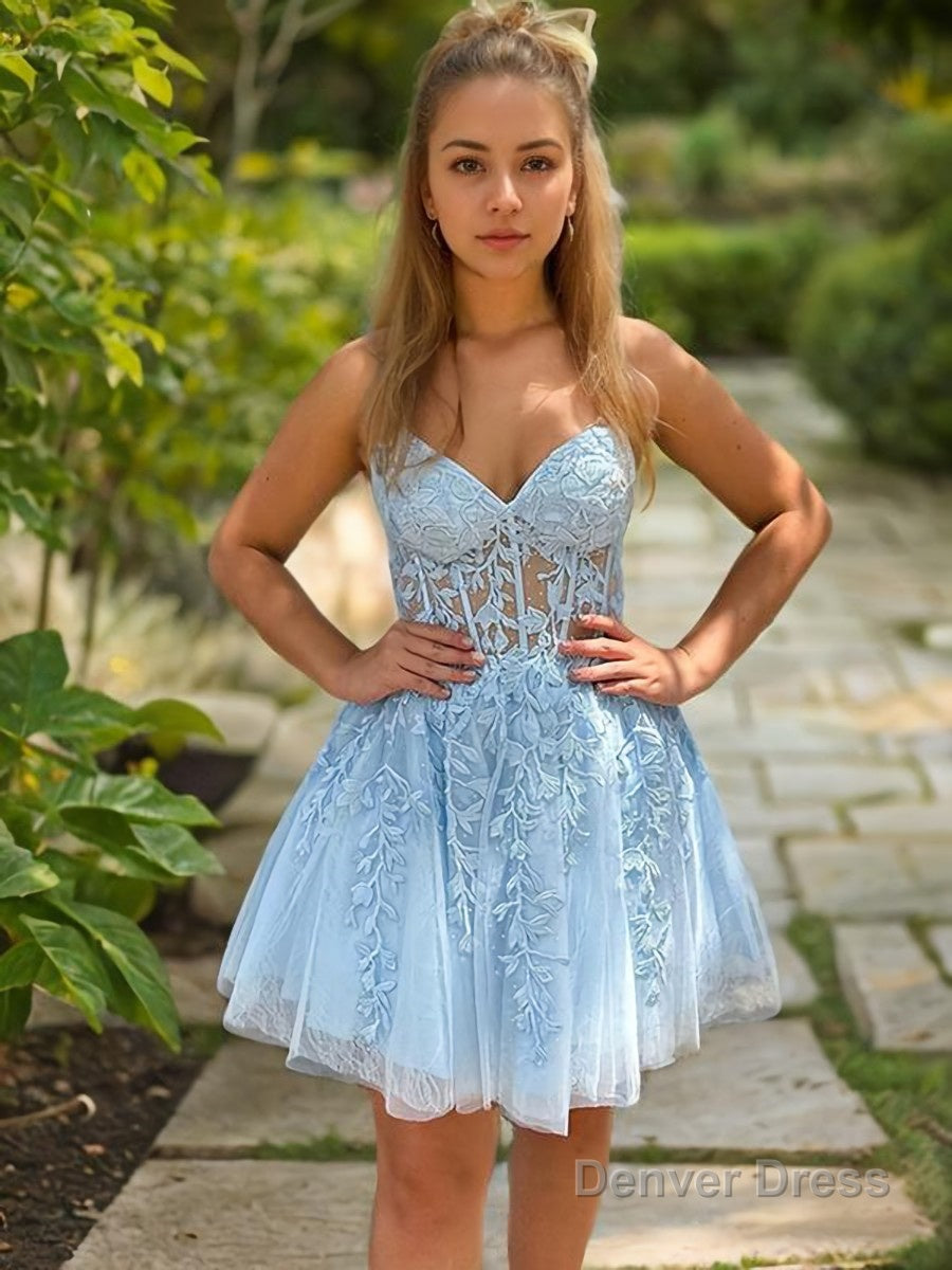 A Line Strapless Knee Length Tulle Homecoming Dresses with Appliques Lace Main image