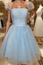 A Line Strapless Short Mini Tulle Homecoming Dresses With Beading
