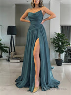 A Line Strapless Sweep Train 30D Chiffon Prom Dresses With Leg Slit