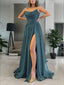 A Line Strapless Sweep Train 30D Chiffon Prom Dresses With Leg Slit