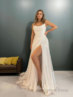 A Line Strapless Sweep Train 30D Chiffon Prom Dresses With Leg Slit