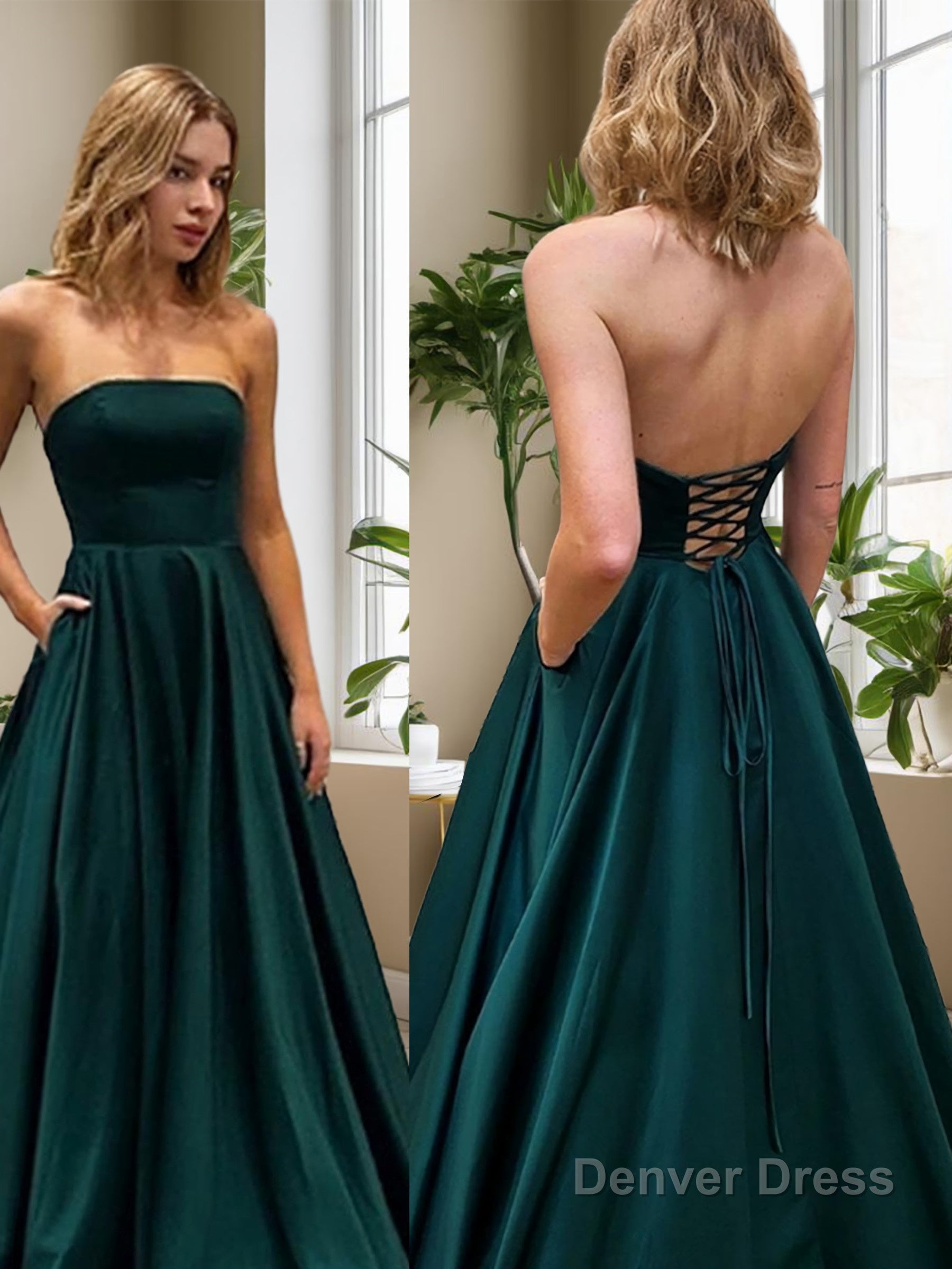 A Line Strapless Sweep Train Satin Prom Dresses With Pockets Main image