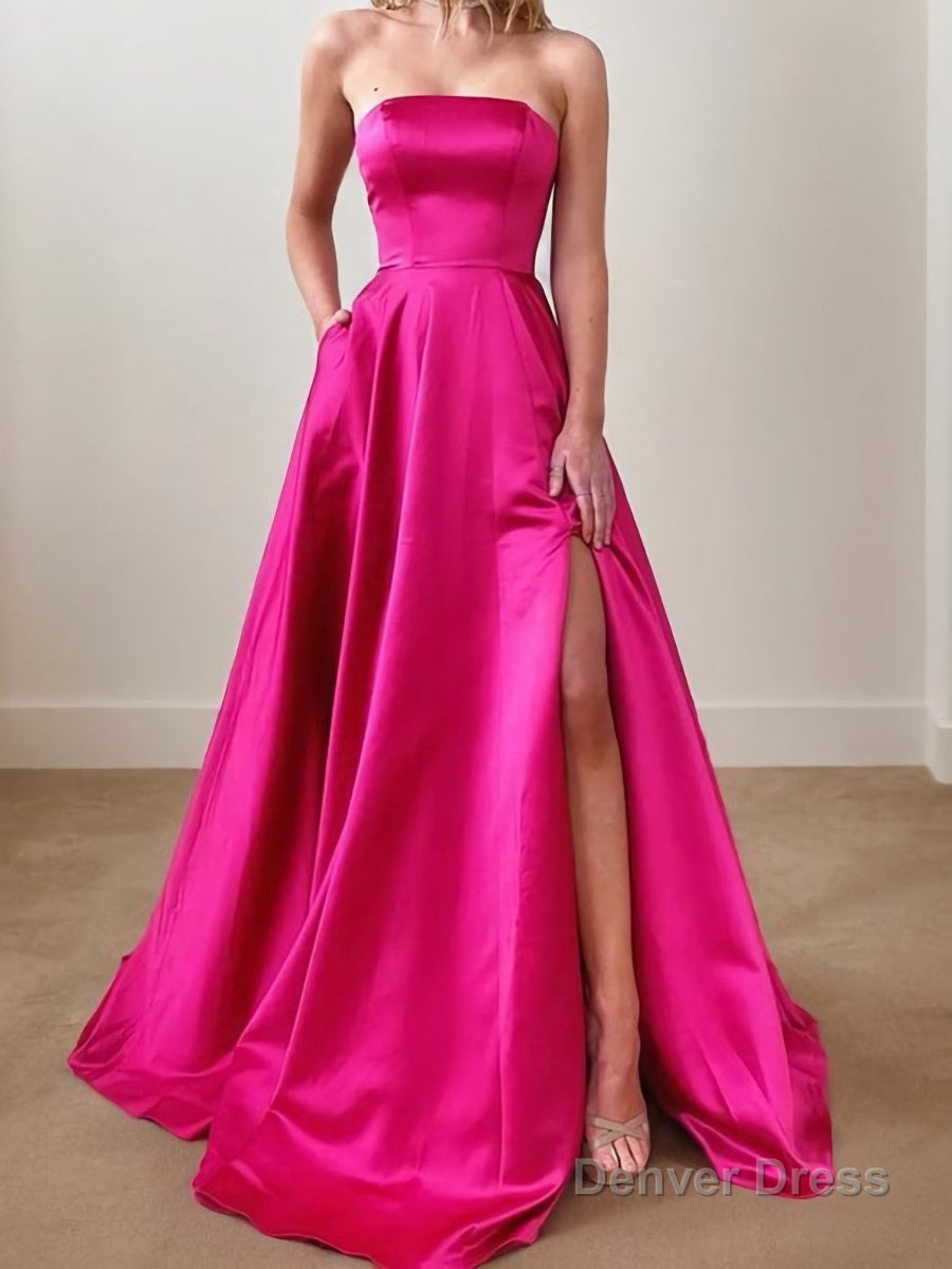 A Line Strapless Sweep Train Satin Prom Dresses With Leg Slit