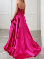 A Line Strapless Sweep Train Satin Prom Dresses With Leg Slit