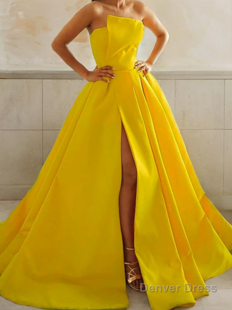 A Line Strapless Sweep Train Satin Prom Dresses With Leg Slit Main image