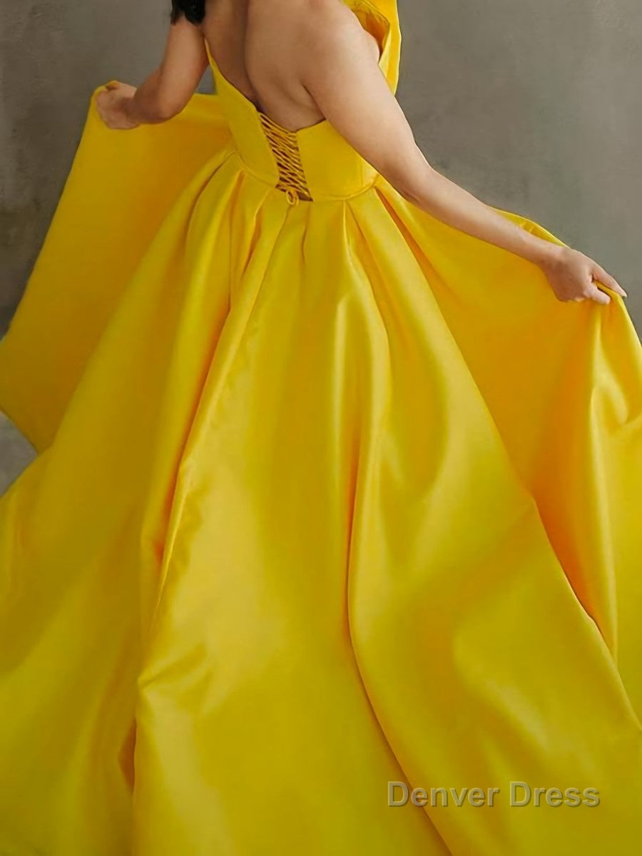A Line Strapless Sweep Train Satin Prom Dresses With Leg Slit