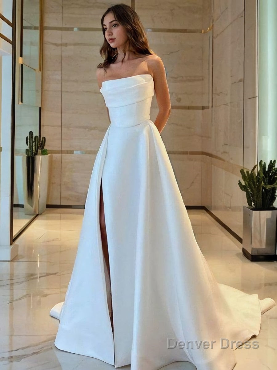 A-Line/Princess Strapless Sweep Train Satin Wedding Dresses With Leg Slit Main image