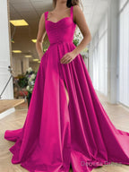A-Line/Princess Straps Court Train Satin Prom Dresses With Pockets
