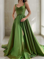 A Line Straps Court Train Satin Prom Dresses With Pockets