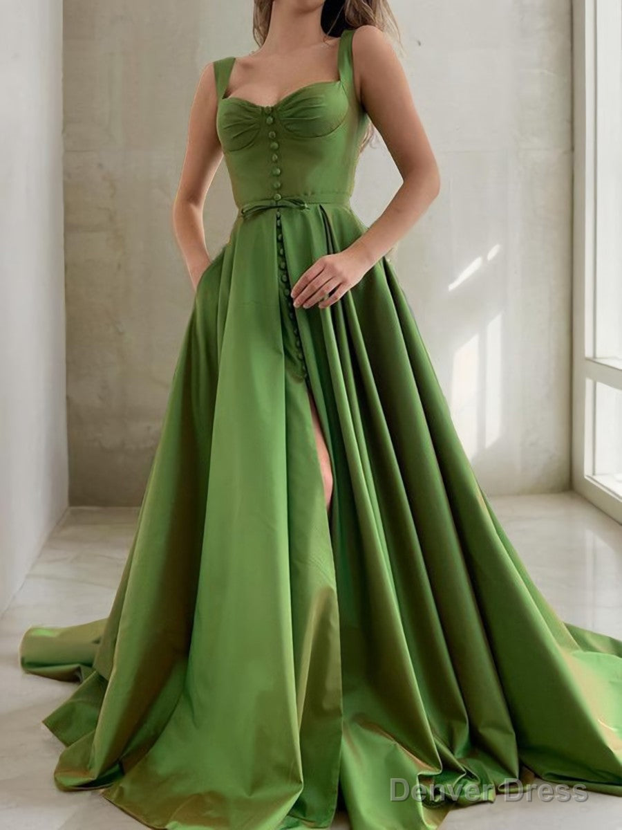 A Line Straps Court Train Satin Prom Dresses With Pockets