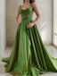 A Line Straps Court Train Satin Prom Dresses With Pockets