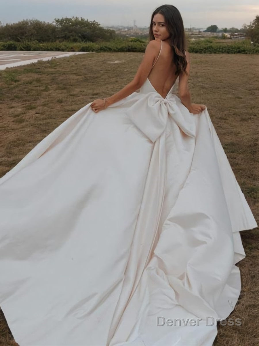 A Line Straps Court Train Satin Wedding Dresses with Bow Secondary image