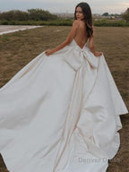 A Line Straps Court Train Satin Wedding Dresses with Bow
