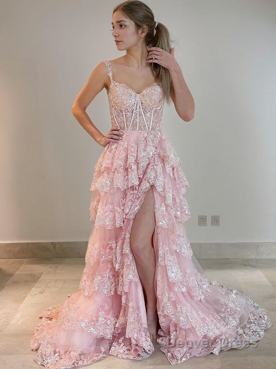 A Line Straps Court Train Tulle Prom Dresses With Leg Slit Main image
