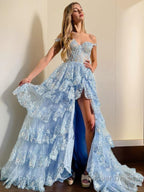 A Line Straps Court Train Tulle Prom Dresses With Leg Slit