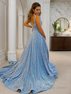 A Line Straps Court Train Velvet Sequins Prom Dresses With Pockets