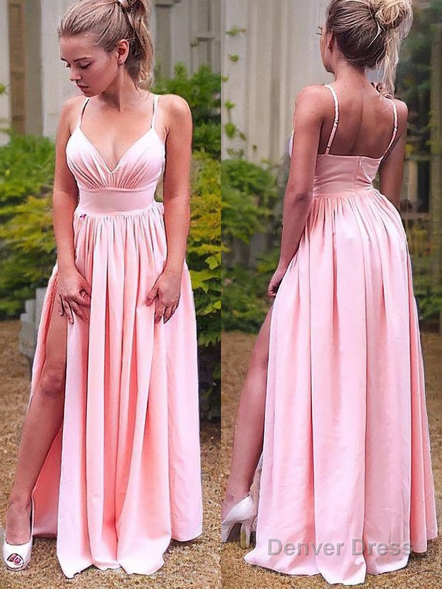 A Line Straps Floor Length Stretch Crepe Prom Dresses With Leg Slit Main image