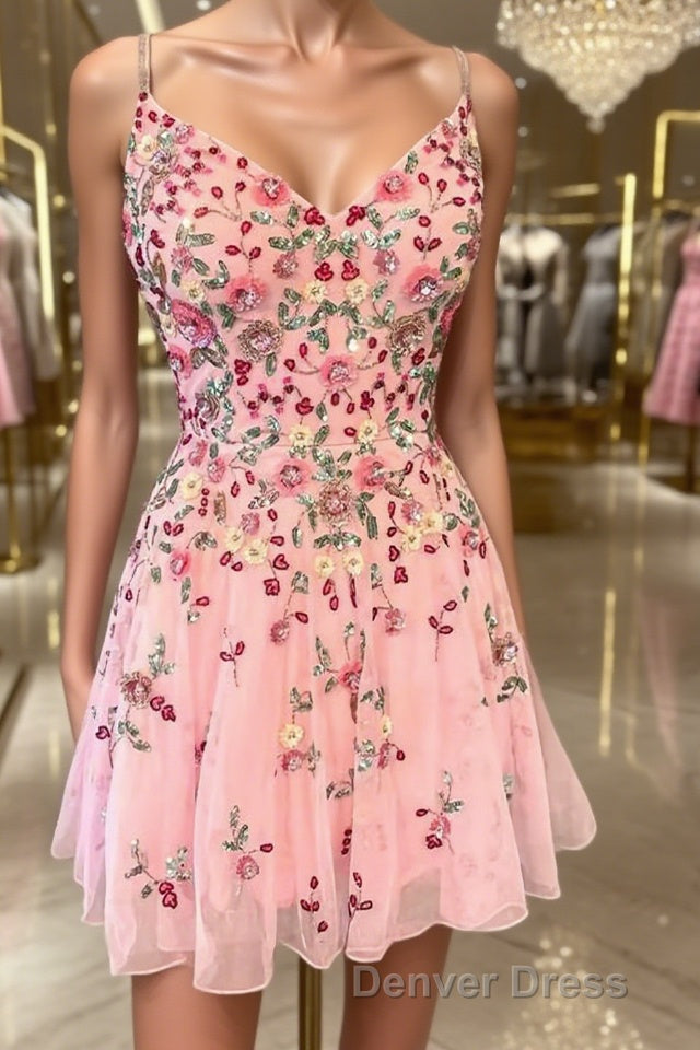 A-line/Princess Straps Short/Mini Lace Homecoming Dresses with Appliques Lace Main image