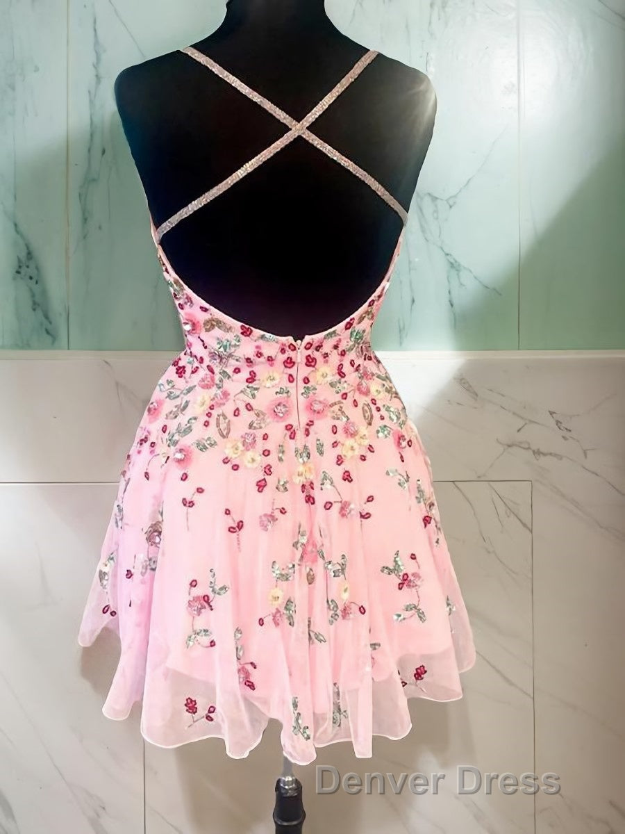 A Line Straps Short Mini Lace Homecoming Dresses with Appliques Lace