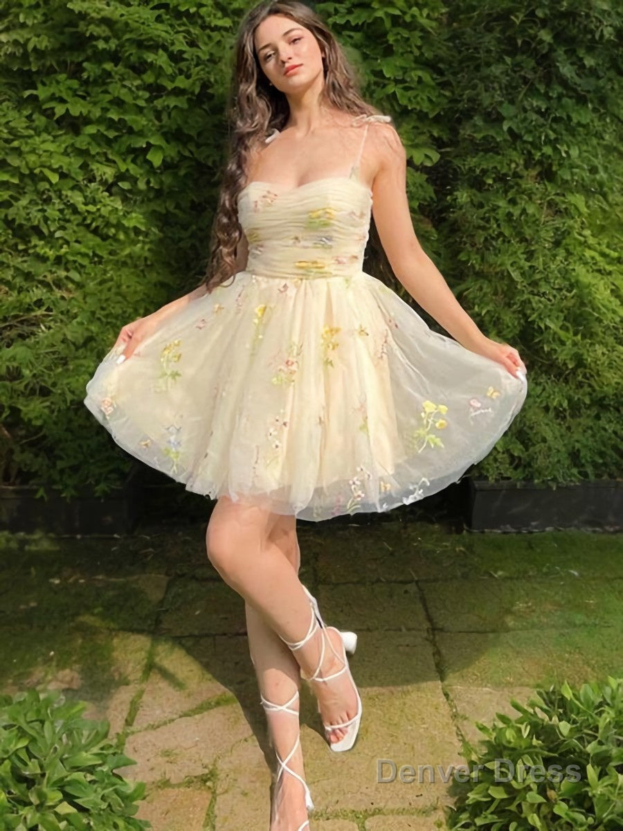 A Line Straps Short Mini Lace Homecoming Dresses with Ruffles