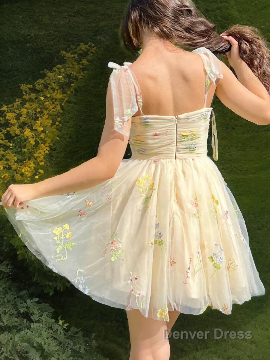 A Line Straps Short Mini Lace Homecoming Dresses with Ruffles