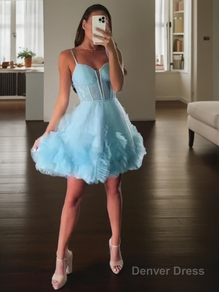 A Line Straps Short Mini Tulle Homecoming Dresses with Cascading Ruffles Secondary image