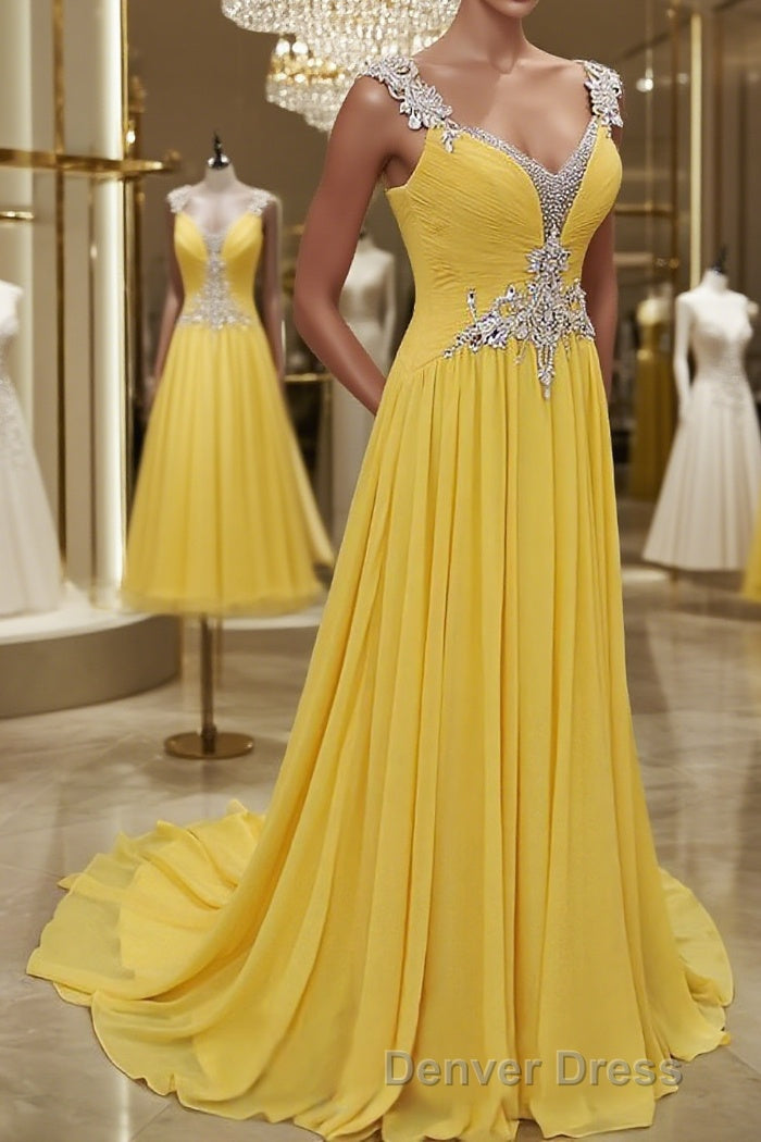 A Line Straps Sweep Train Chiffon Prom Dresses With Beading Main image