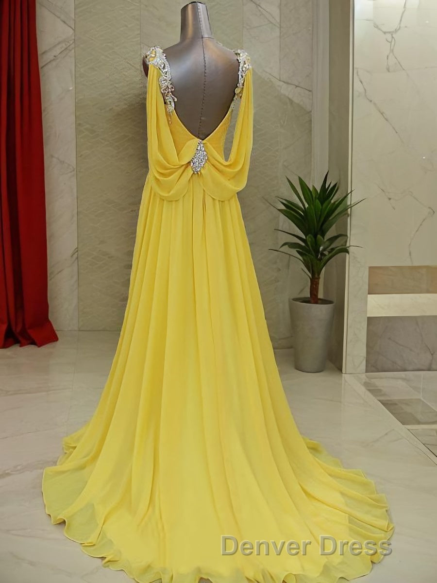A Line Straps Sweep Train Chiffon Prom Dresses With Beading Secondary image