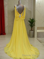 A Line Straps Sweep Train Chiffon Prom Dresses With Beading