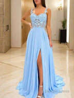 A Line Straps Sweep Train Chiffon Prom Dresses With Leg Slit