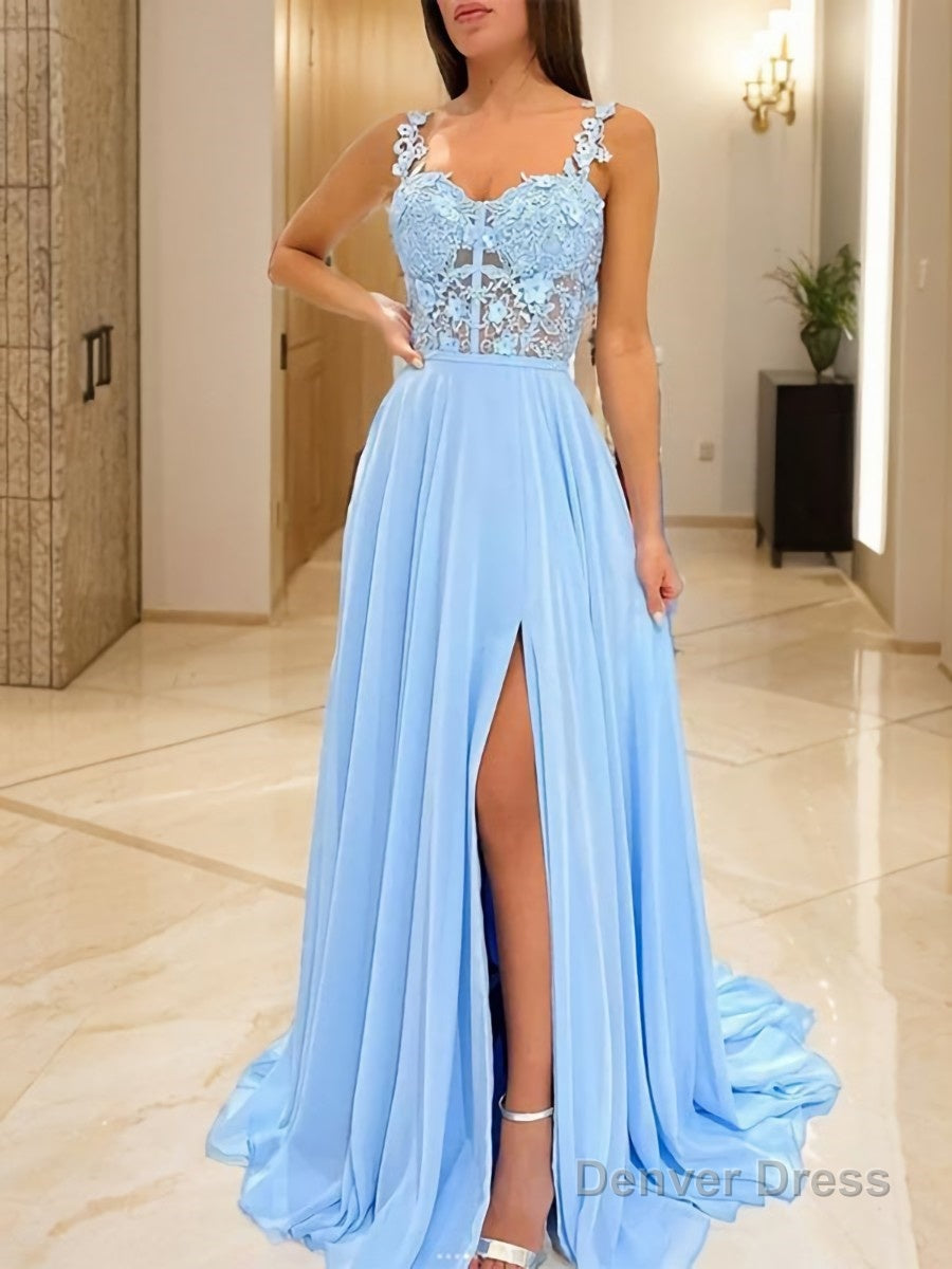 A Line Straps Sweep Train Chiffon Prom Dresses With Leg Slit