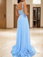 A Line Straps Sweep Train Chiffon Prom Dresses With Leg Slit