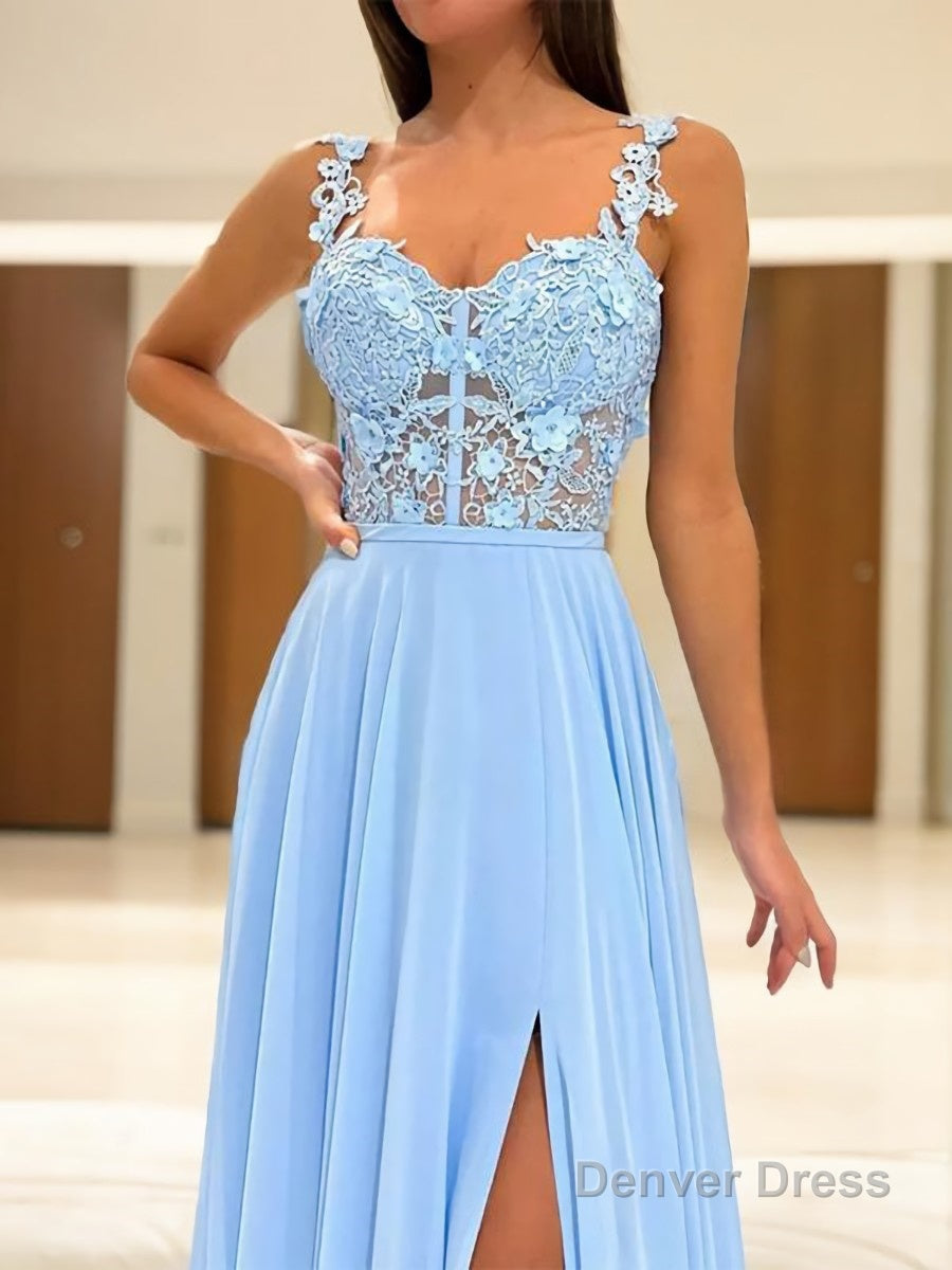 A Line Straps Sweep Train Chiffon Prom Dresses With Leg Slit