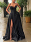 A Line Straps Sweep Train Satin Prom Dresses With Leg Slit