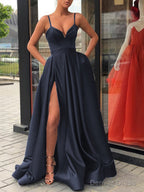 A Line Straps Sweep Train Satin Prom Dresses With Leg Slit